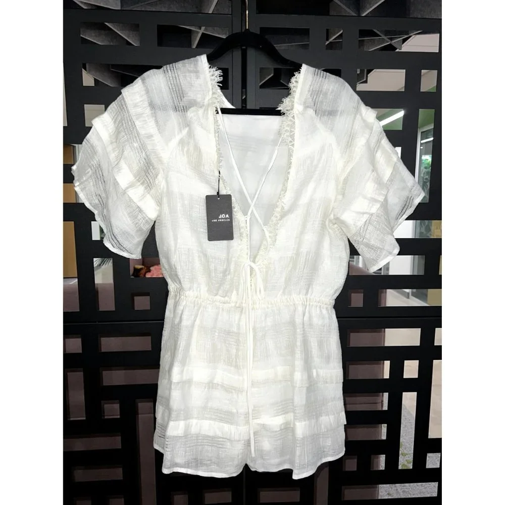J.O.A. Sheer Linen White Shorts Romper/Jumpsuit One Piece Large NWT - Picture 4 of 4
